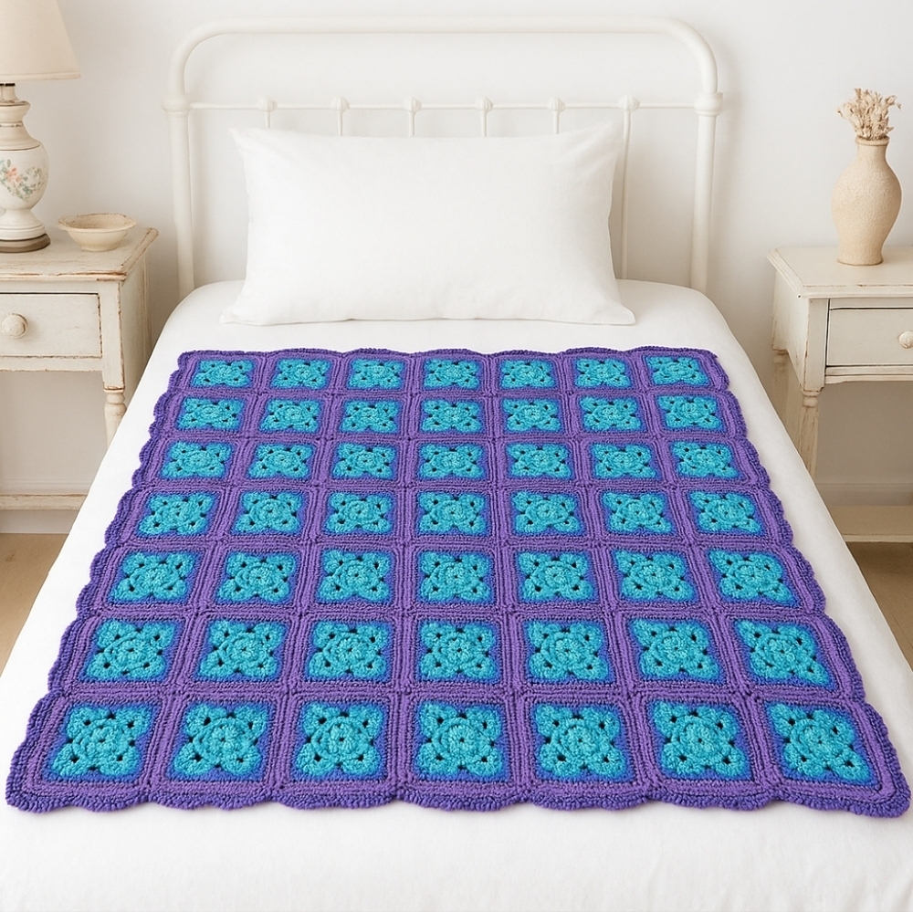 Hand Crafted Purple Aqua Blue Crochet Blanket Handmade Granny Square Throw Gift